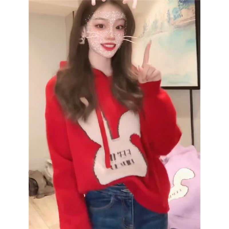 兔子本命年红色连帽毛衣女新款爆款宽松慵懒风加厚秋冬打底衫上衣