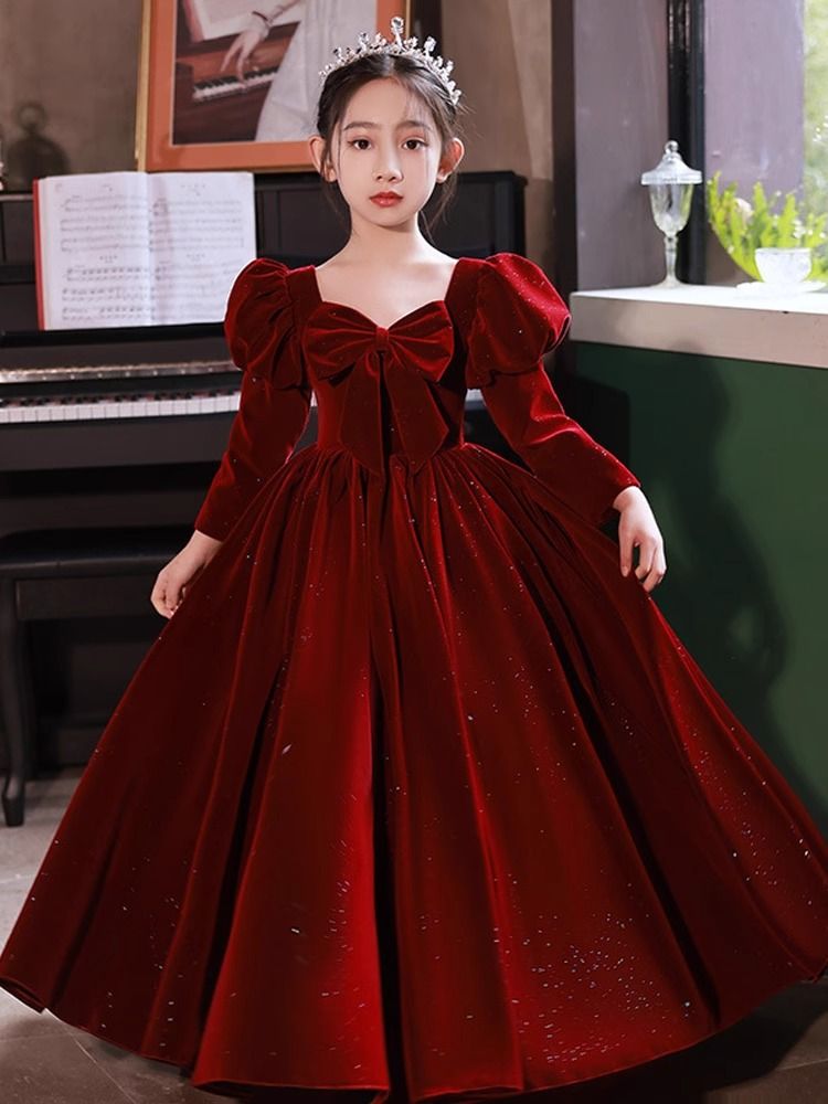 儿童礼服女童高端红色公主裙秋季花童婚礼小女孩主持人钢琴演出服