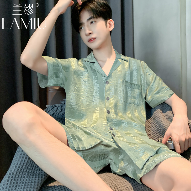 兰缪冰丝男士睡衣夏季薄款短袖仿真丝套装高档可外穿青少年家居服