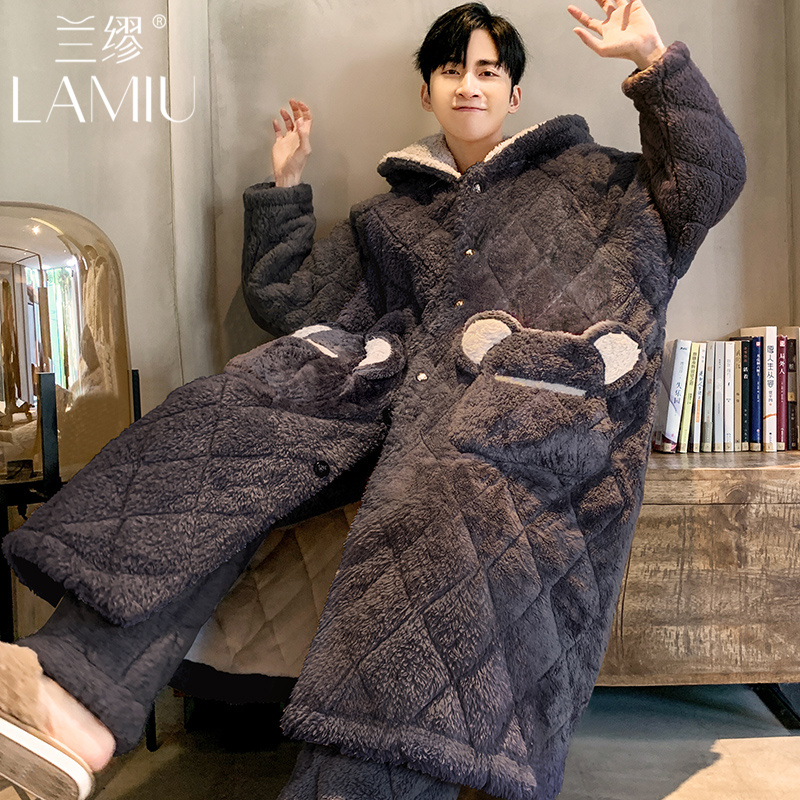 三层夹棉男士睡衣秋冬季加厚加绒棉袄长款睡袍学生大码家居服套装