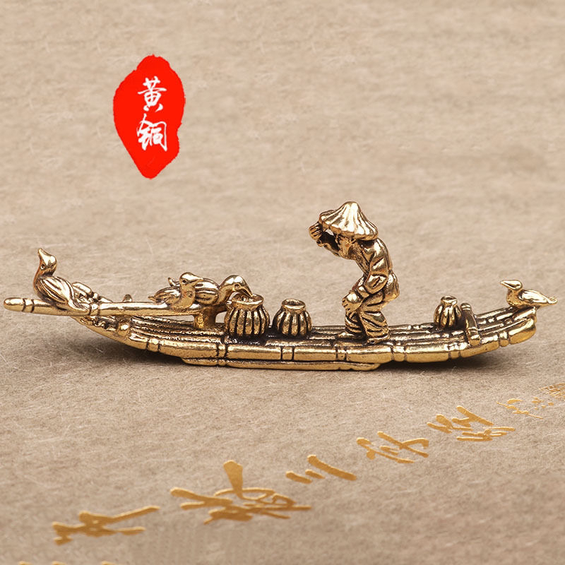 黄铜复古鸬鹚抓鱼手工创意雕刻桌面摆件工艺品茶道摆件