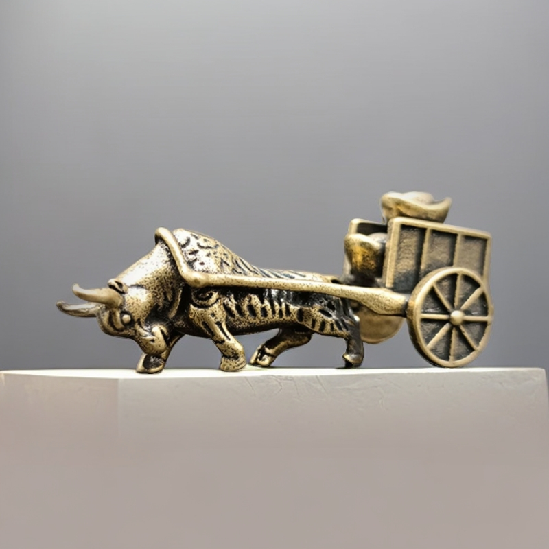 实心黄铜十二生肖牛摆件勤牛送宝茶宠中式牛拉车居家装饰复古摆件