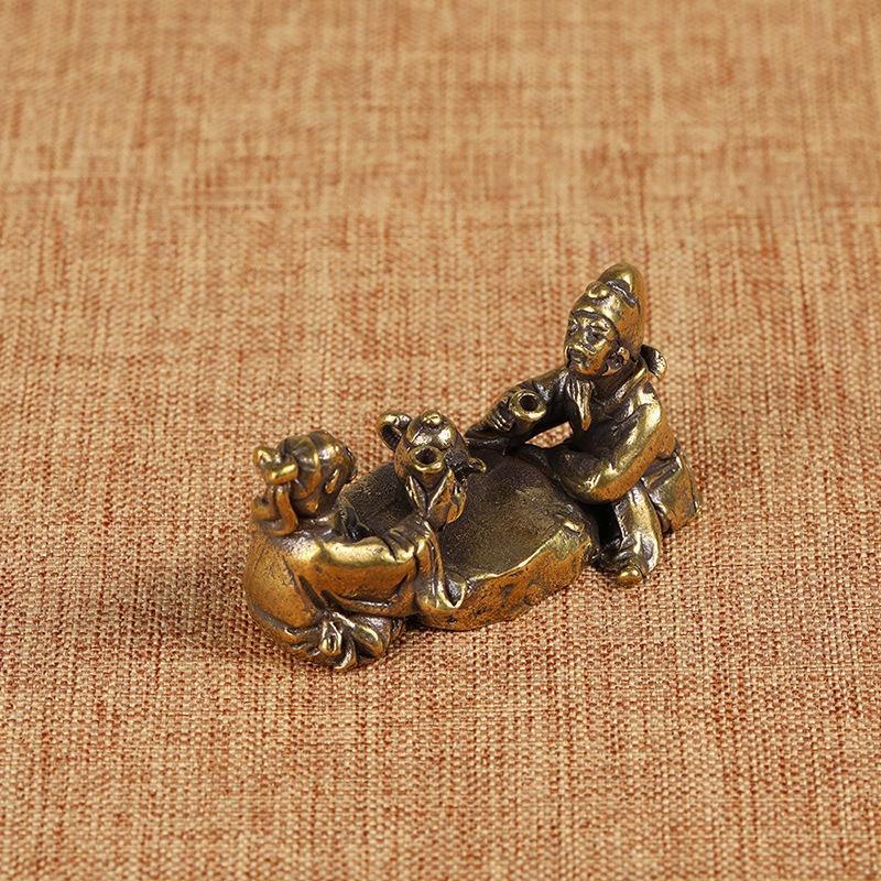 茶道琴棋书画铜雕老人对弈小摆件纯实心黄铜人物铜手把件仿古铜器