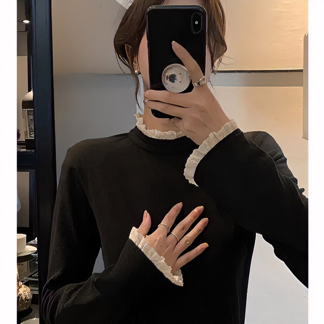 蕾丝花边双面奥绒半高领长袖t恤打底衫女秋冬小香风内搭加厚上衣