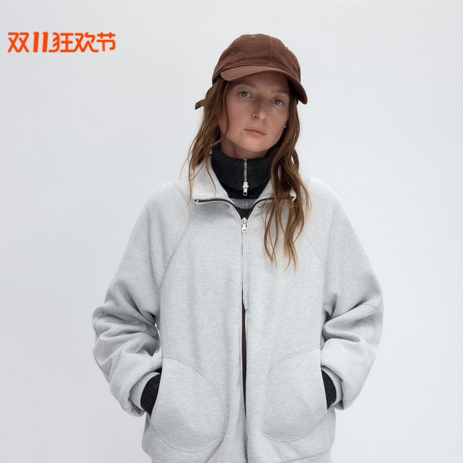 出逃赤岗西 弧形结构 原创灰色华夫格宽松休闲拉链立领卫衣外套