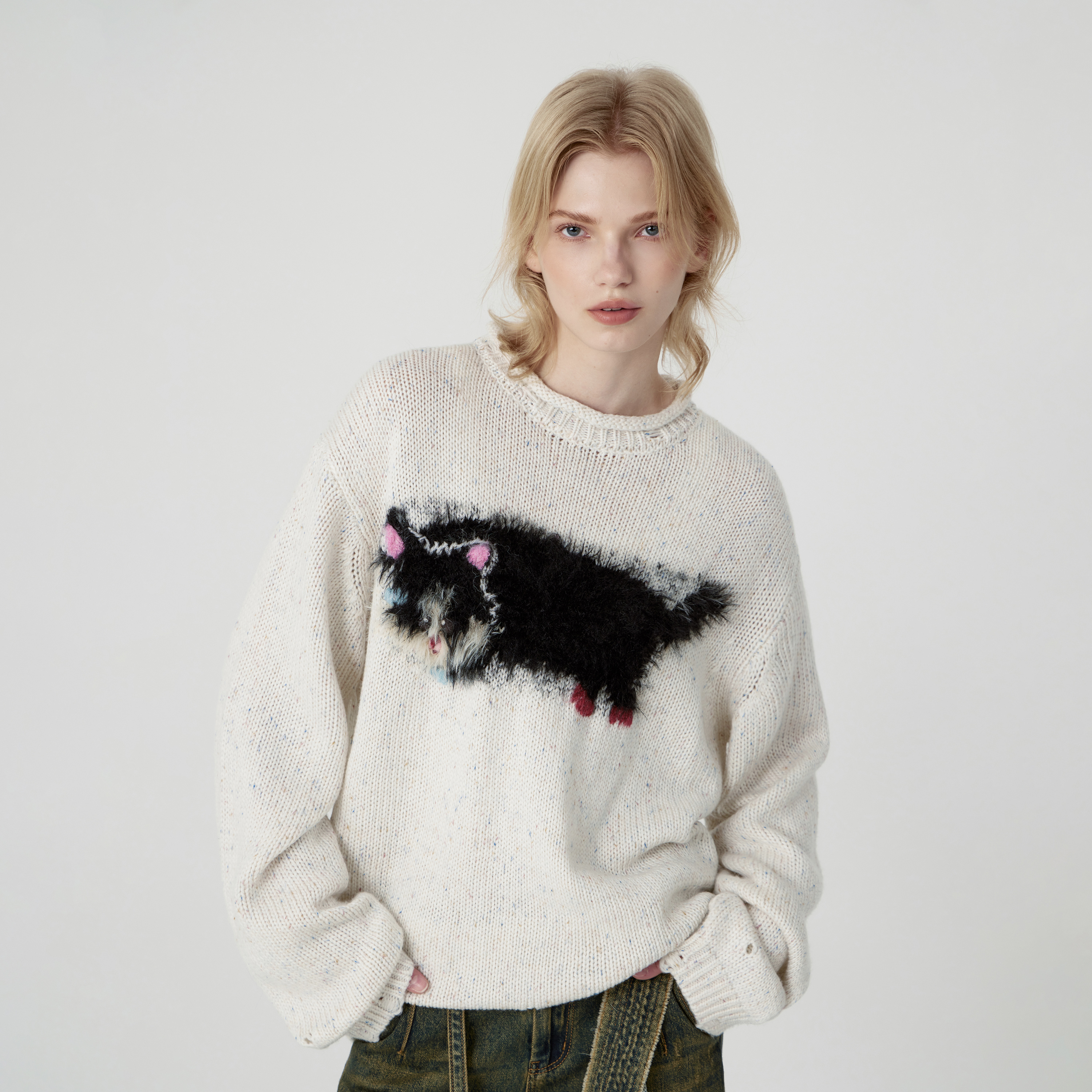 出逃赤岗西 原创慵懒风猫咪毛衣女秋冬设计感软糯套头羊毛针织衫