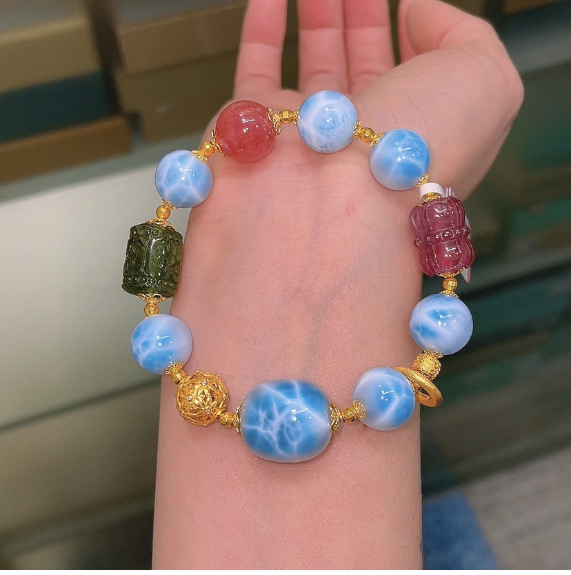 【海天一色】桃家高定多宝！玉化火山蓝海纹石手串重金搭配碧玺手串