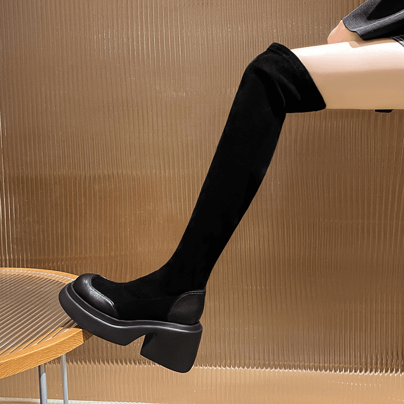 厚底过膝长靴女高筒靴2024秋冬新款小个子百搭加绒显瘦弹力瘦瘦靴