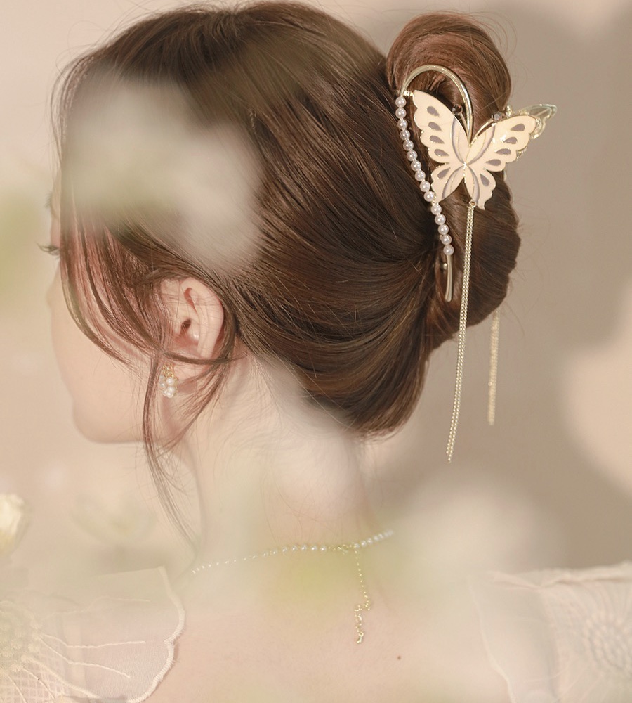 合金仿珍珠发饰 蝴蝶流苏发夹复古抓夹大号优雅高级感鲨鱼夹子