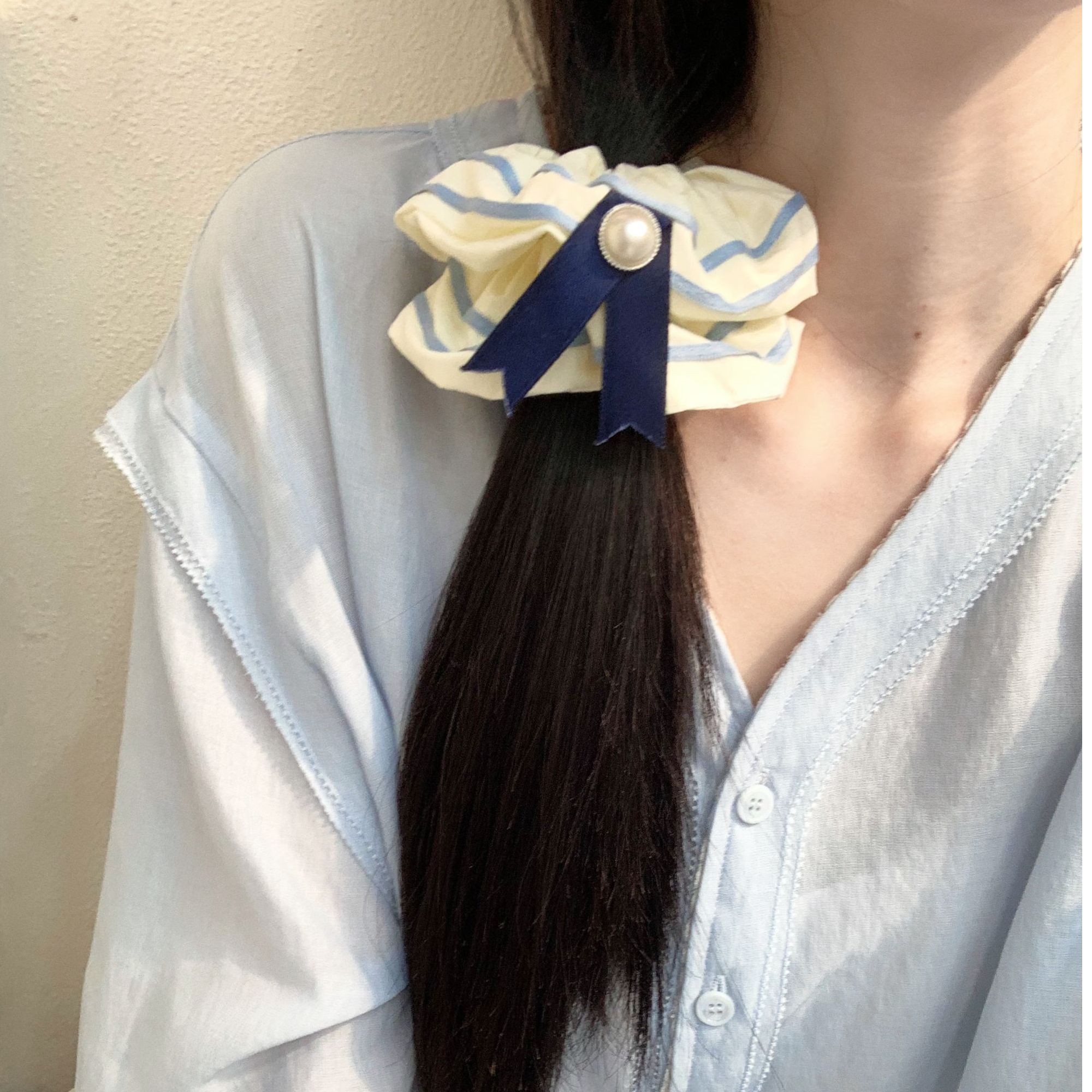 海军风大肠发圈拼色肠圈百搭简约韩系发饰