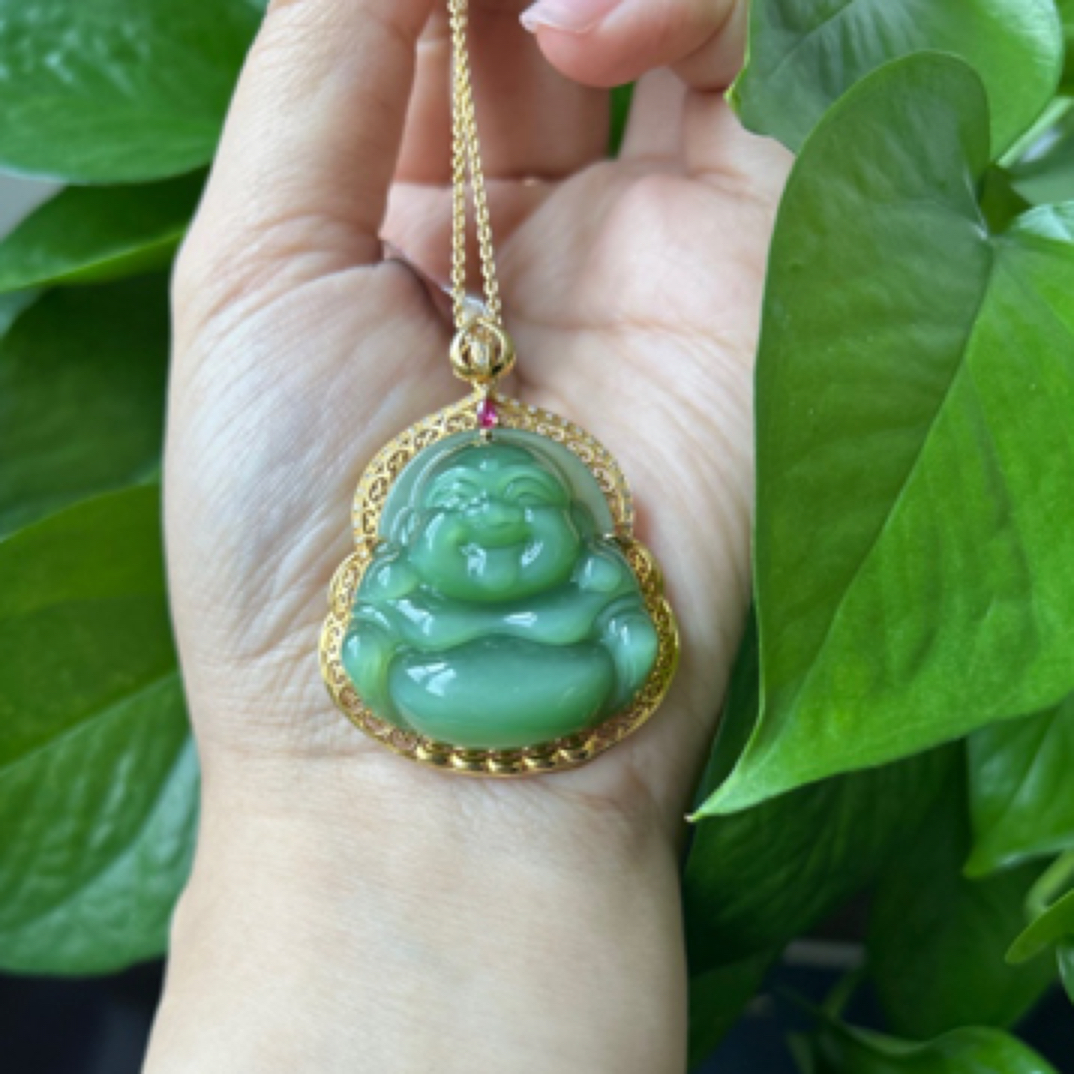 天然和田玉碧玉猫眼佛公10504