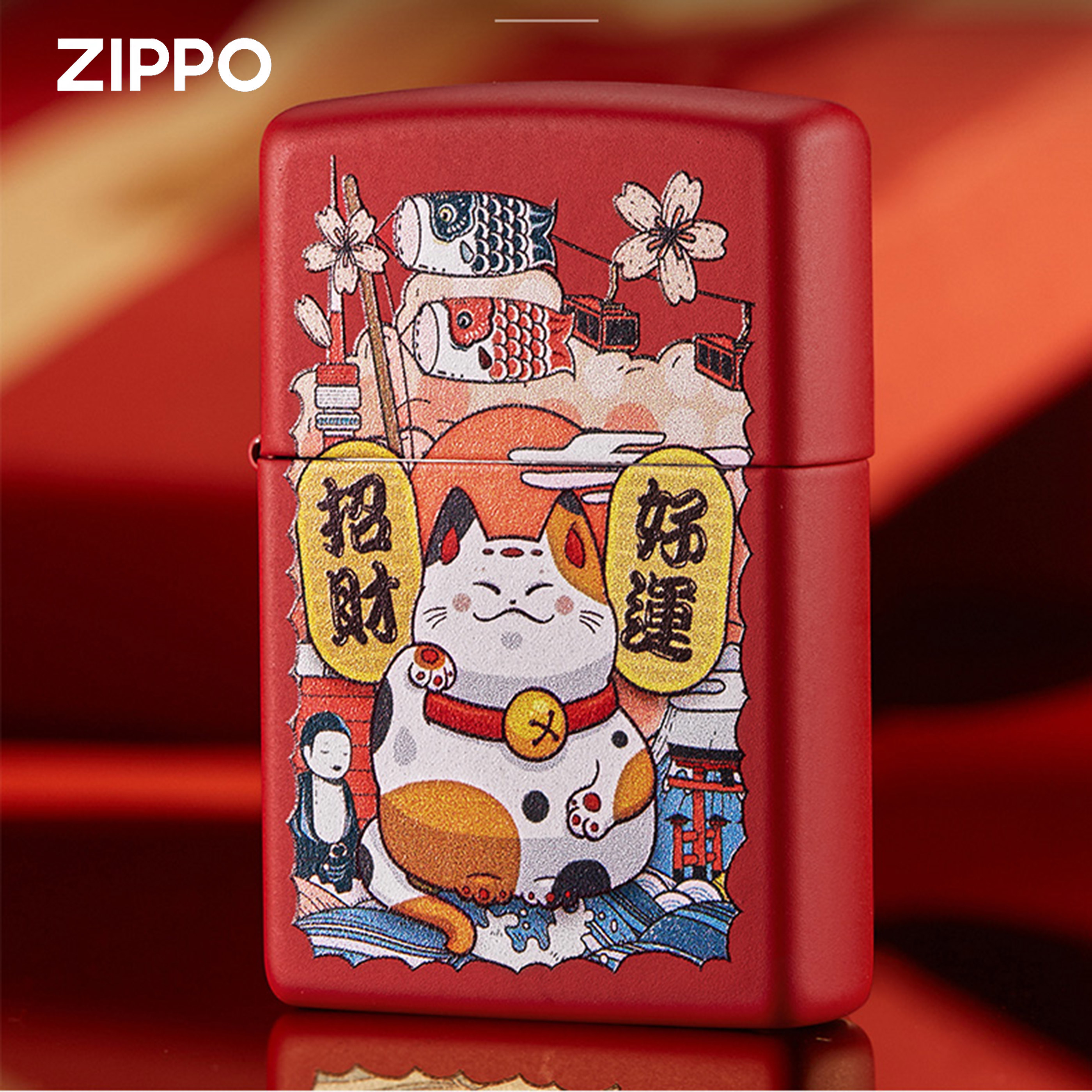ZIPPO/之宝红哑漆招财猫官方正品打火机国风红色个性防风原装TCJ1