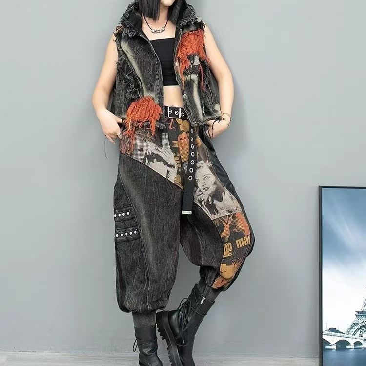 女士个性马甲拼接时髦显瘦潮牌爆款洋气高腰牛仔长裤时尚潮牌套装