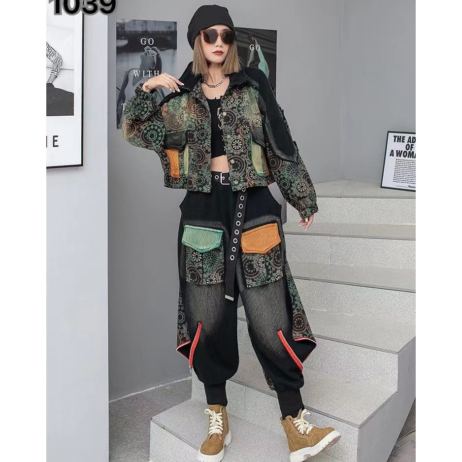 拼接炸街牛仔套装复古阔腿新款秋冬长款2024秋季学姐烟管牛仔长裤