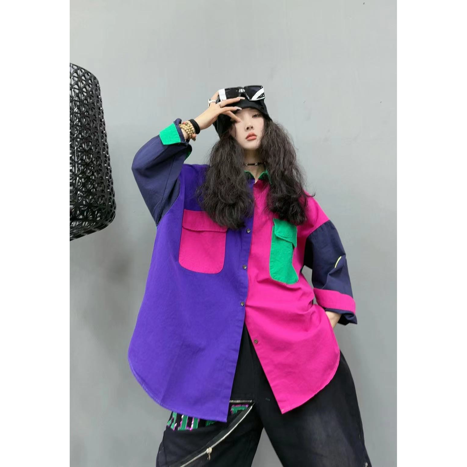 秋季个性时尚大码潮流休闲纯棉衬衣百搭半开领牛仔棉外套衬衫