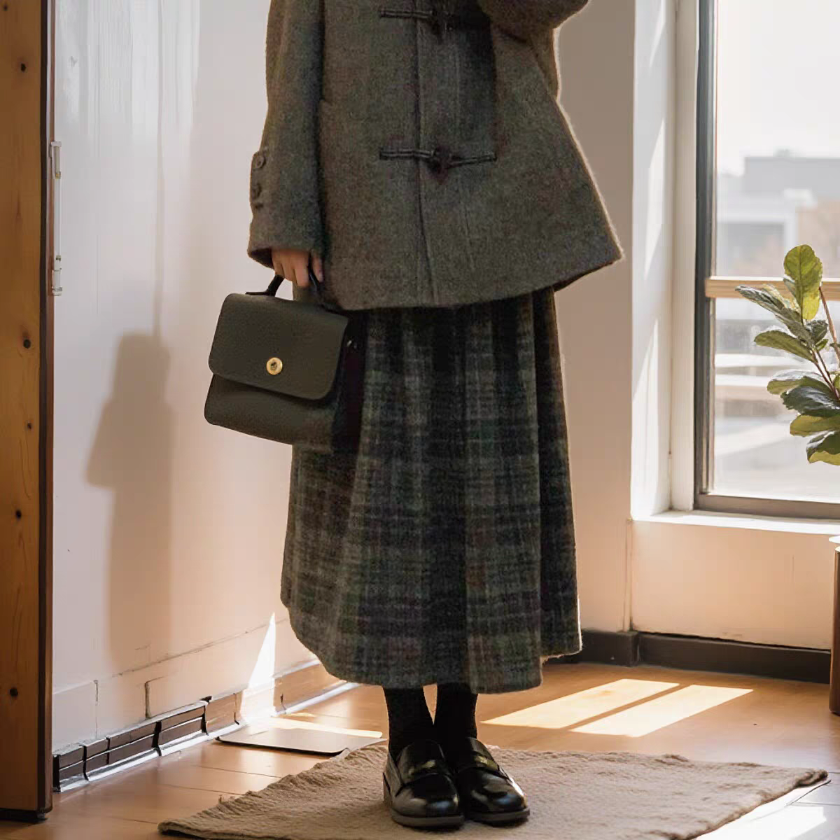厚款羊毛呢格子学院风中长半身裙2025新秋冬气质减龄遮胯裙子女