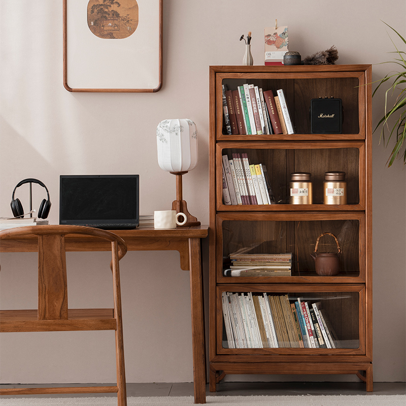 溪木工坊新中式全实木书柜带门老榆木储物柜北欧玻璃门手办展示柜