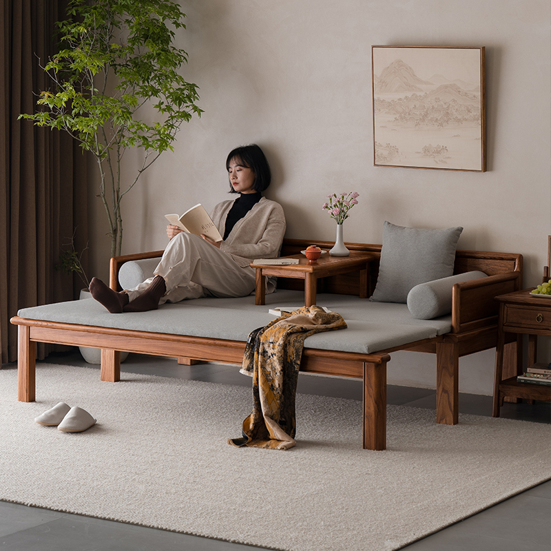 溪木工坊新中式罗汉床客厅简约中式实木两用老榆木严选沙发床榻