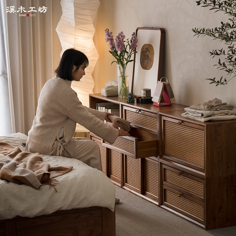 溪木工坊实木自由组合柜新中式藤编格子柜老榆木书柜家用电视柜