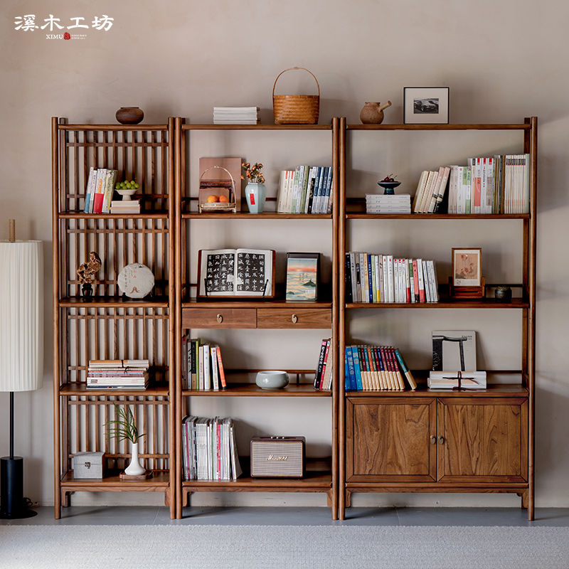 实木书架新中式阳台落地展示置物架老榆木客厅隔断架子储物架