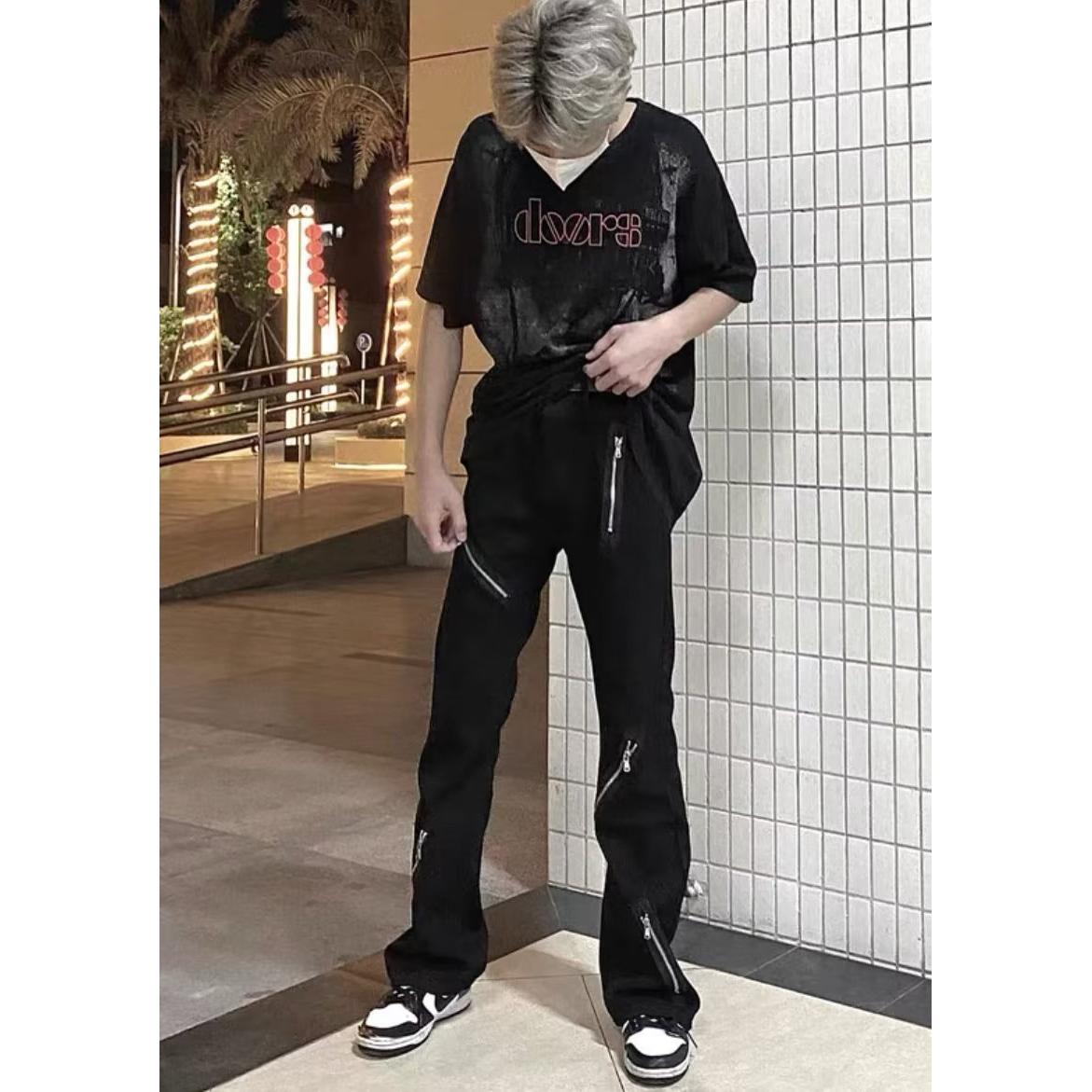 美式高街暗黑宽松微喇叭黑色牛仔裤多拉链小众设计感休闲裤子ins