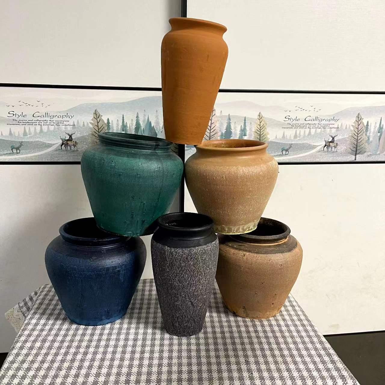 陶瓷花瓶摆件客厅插复古风中国风手工粗陶家居艺术摆件装饰画油画