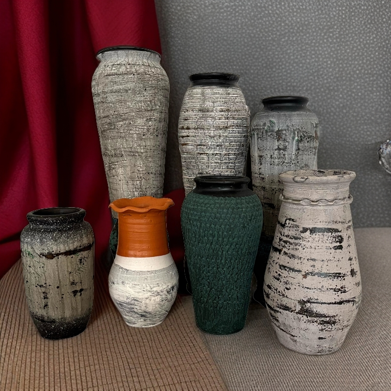 陶瓷花瓶摆件客厅插复古风中国风手工粗陶家居艺术摆件装饰画油画
