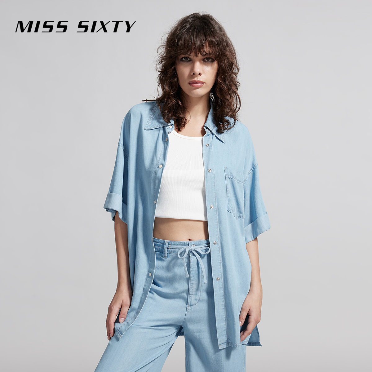 【小玉专属】Miss Sixty夏牛仔衬衫短袖浅蓝天丝上衣高能感0425