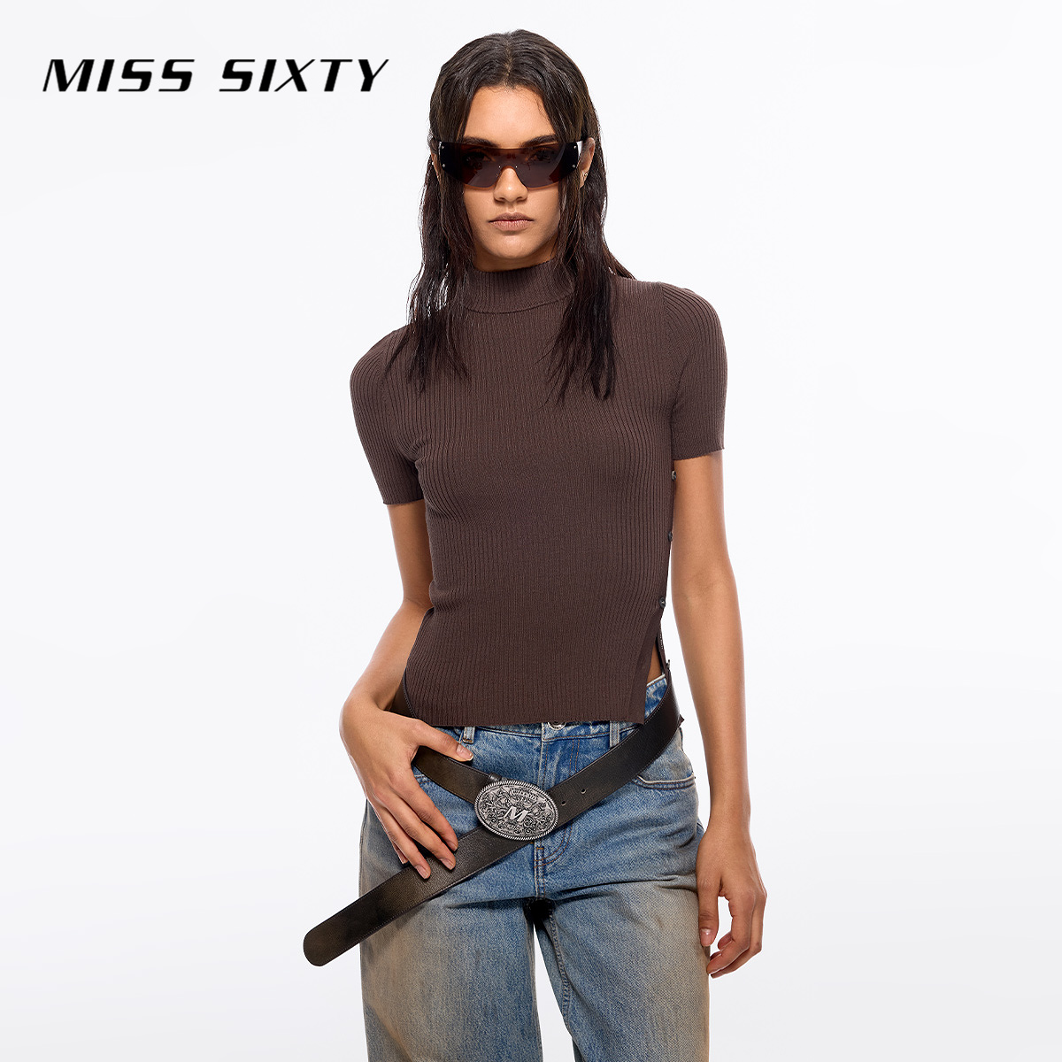 【白姐专属】Miss Sixty桑蚕丝针织衫半高领侧开衩修身短款4479