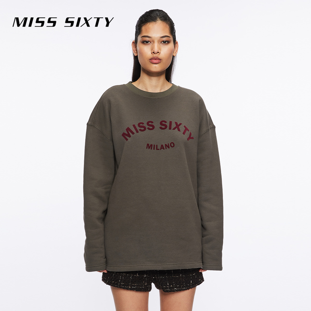 【陈大可专属】Miss Sixty冬季新款卫衣女圆领宽松复古撞色丝绒印花