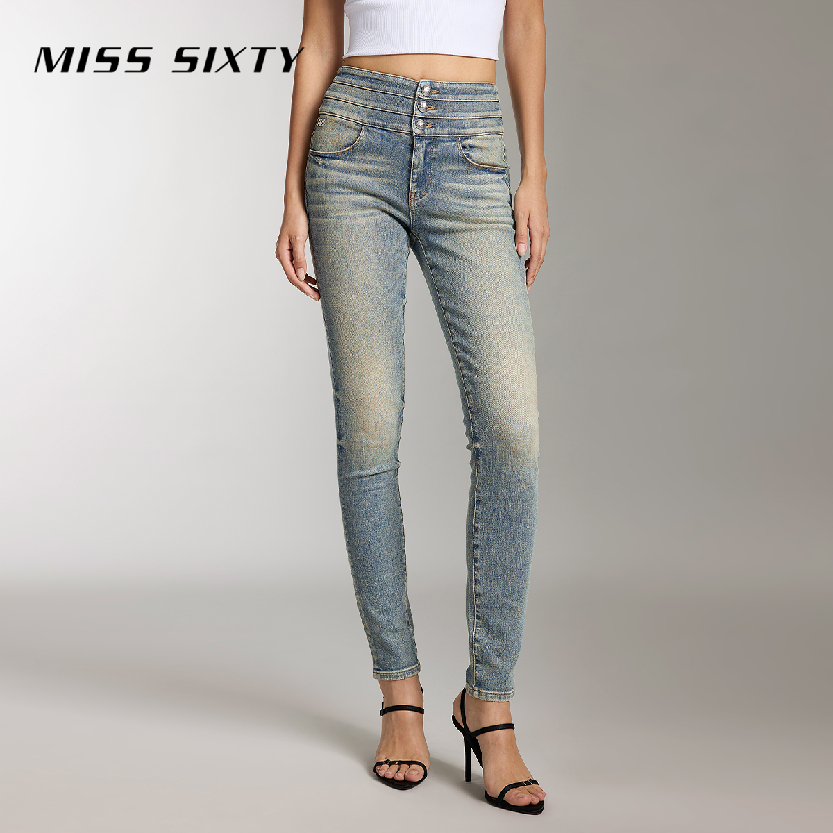 Miss Sixty新款牛仔裤女三环高腰铅笔裤百搭通勤简约