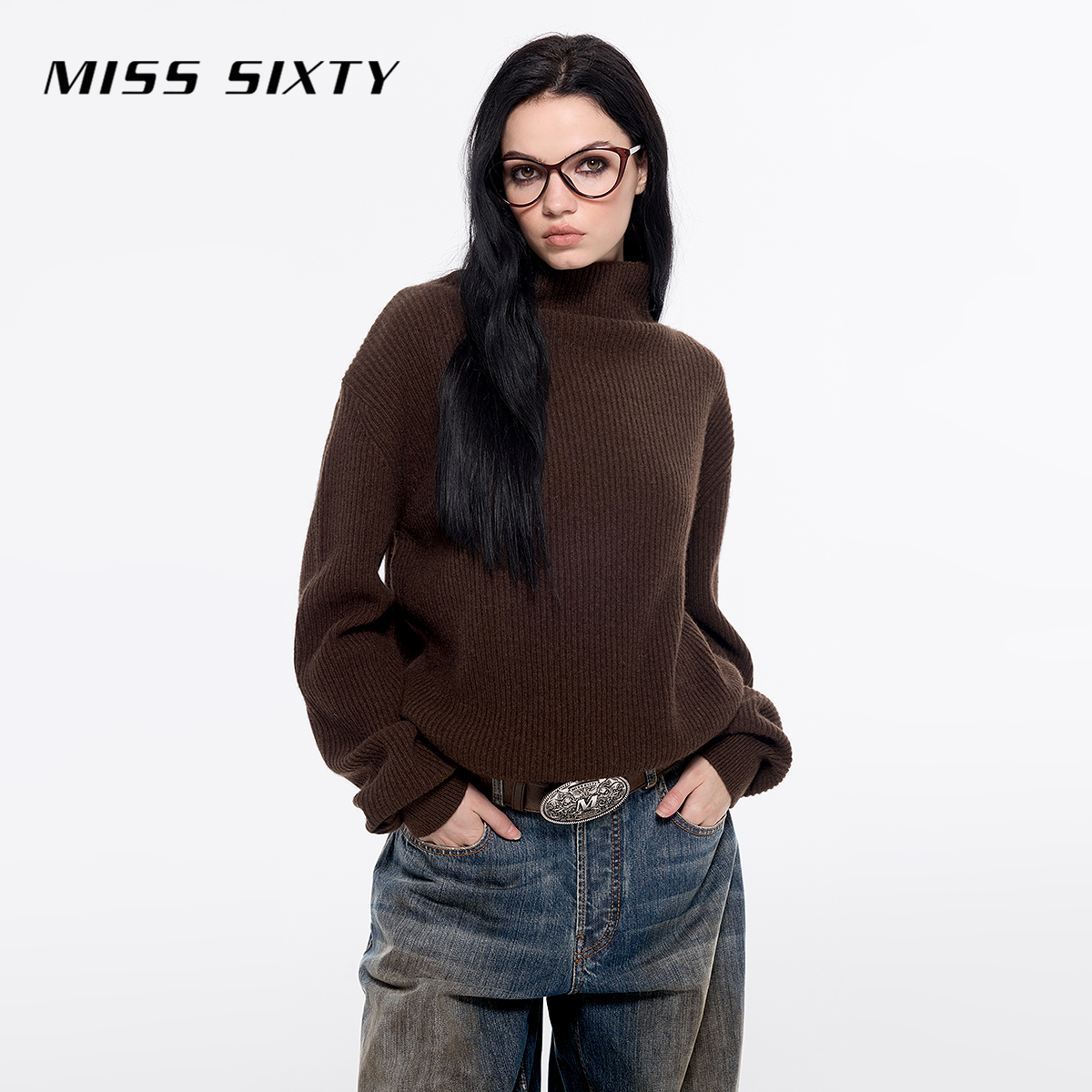Miss Sixty冬季新款牦牛绒针织衫女复古高领简约气质纯色毛衣