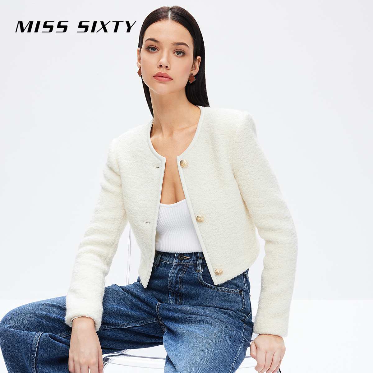 Miss Sixty呢料外套女圆领优雅气质小香风短款citywarm