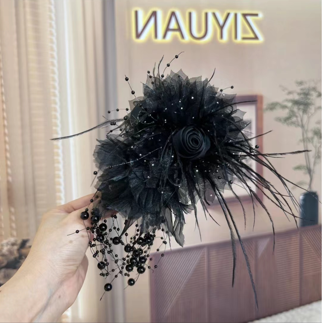 韩系满天星玫瑰花朵羽毛流苏珠珠抓夹A08