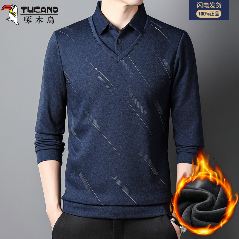 TUCANO/啄木鳥冬季男士加厚假两件针织衫中年翻领高档保暖长袖潮