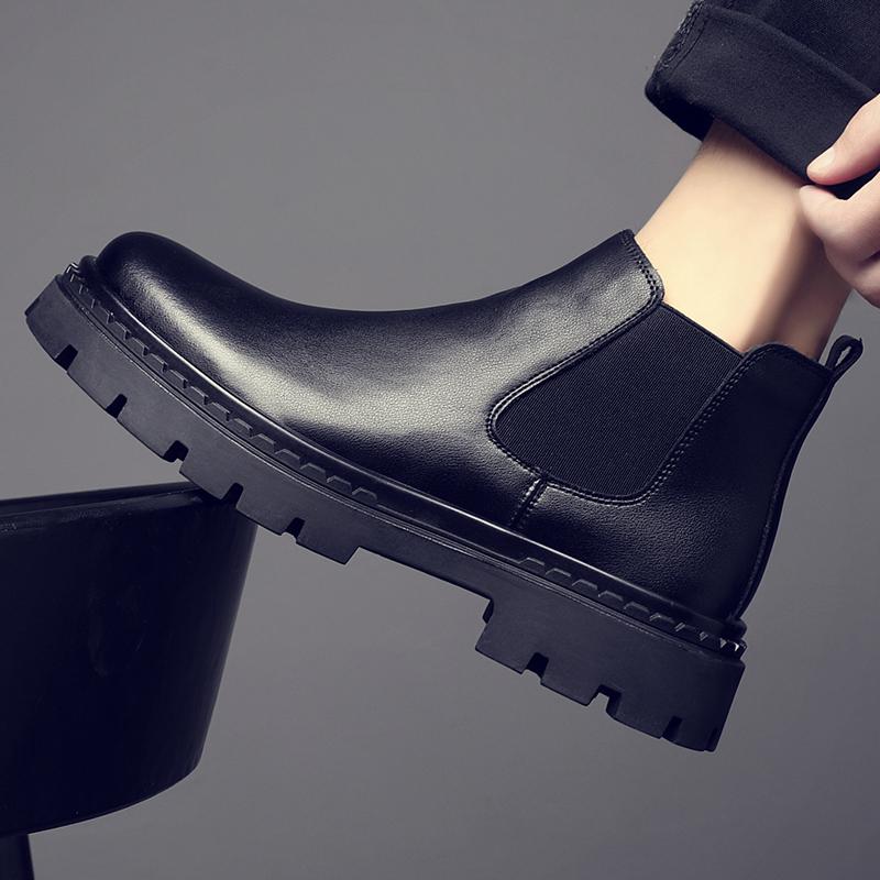 切尔西靴秋冬季新款加绒英伦中帮一脚蹬烟筒靴厚底马丁靴低帮男靴