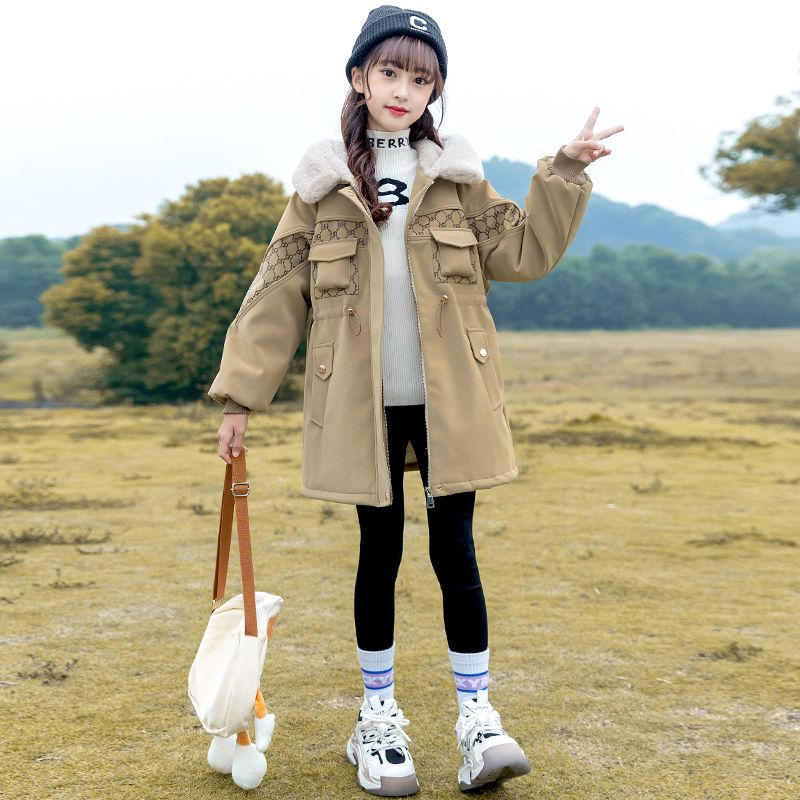 女童加绒派克服2023新款冬装儿童洋气加厚中长款冬季连帽棉衣外套