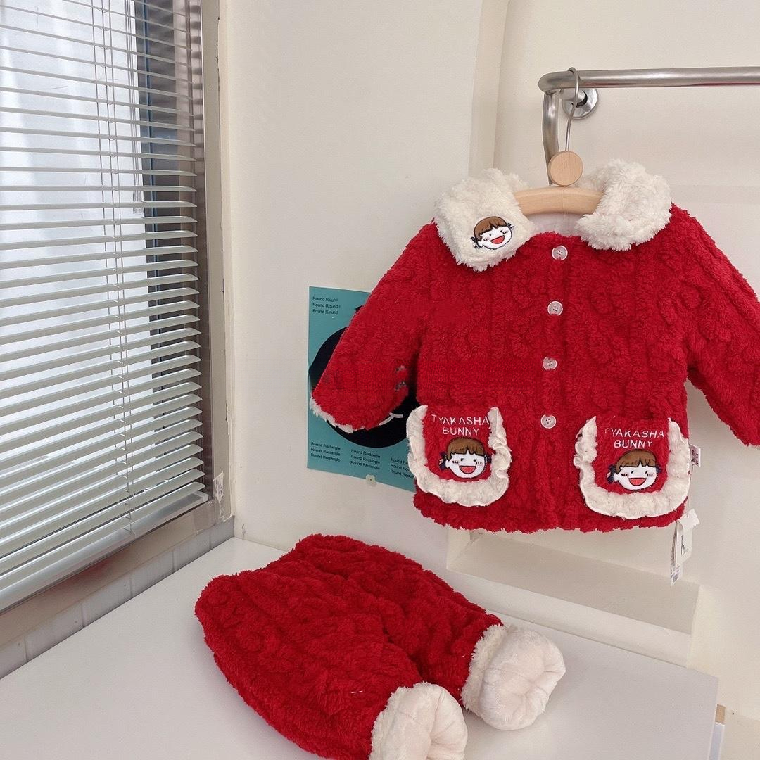 女童家居服套装冬款三层夹棉保暖 娃娃领加厚加绒外穿睡衣2件套儿