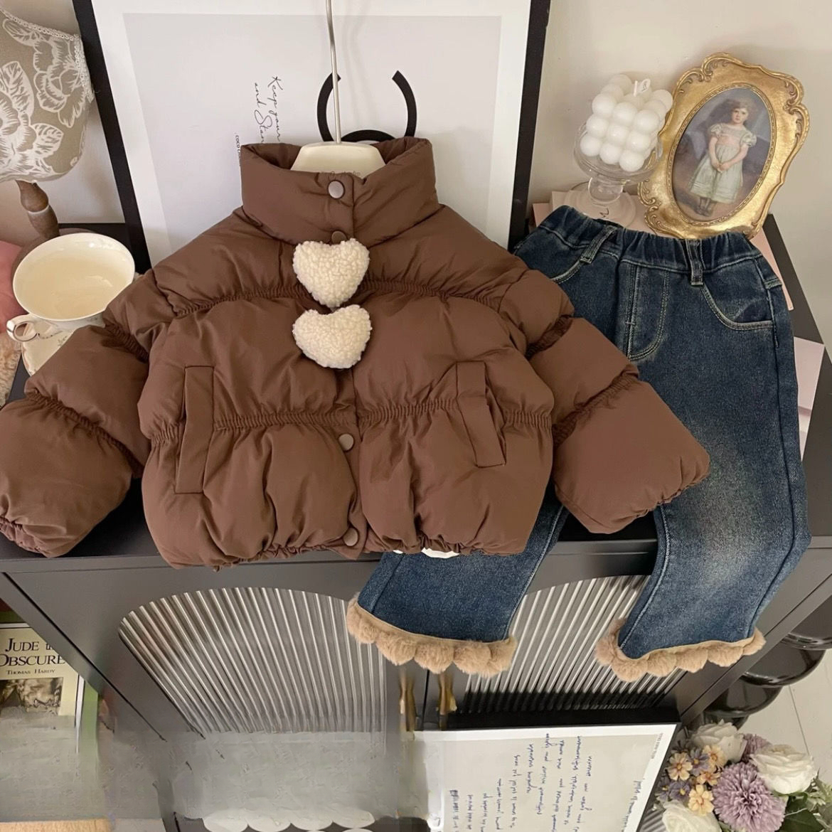 女童冬季棉服套装2023洋气儿童加厚棉衣加绒牛仔裤两件套女孩冬