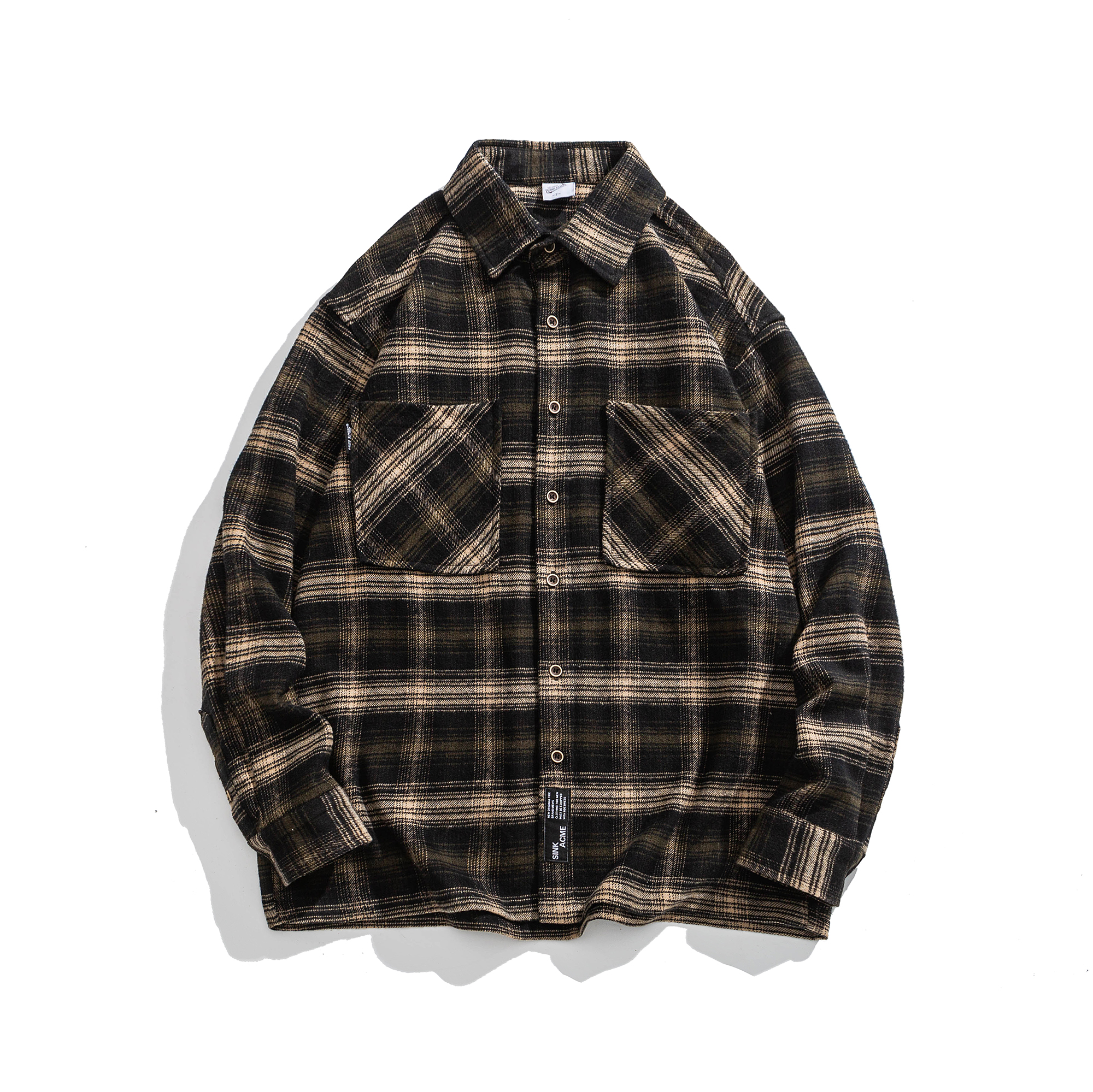 C201秋季新款美式复古长袖格子衬衫磨毛水洗全棉百搭长袖衬衣外套