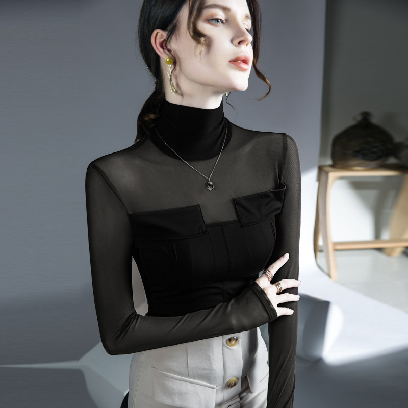 2025春秋新款网纱微透拼接上衣女内搭打底衫洋气高领长袖百搭小衫