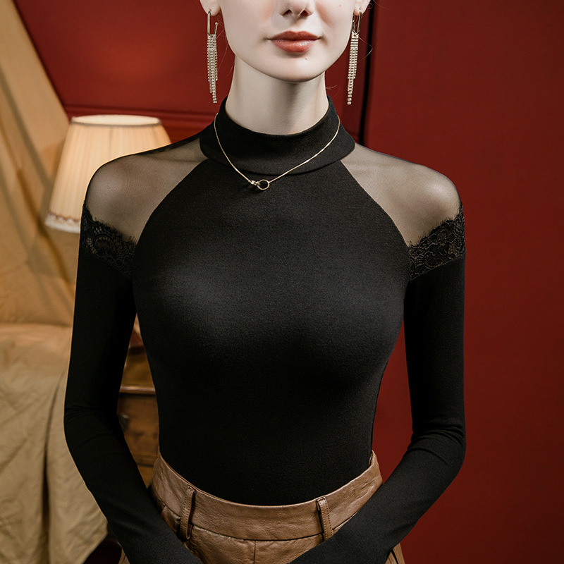 网纱拼接性感打底衫女修身2025秋季新款半高黑色长袖洋气T恤上衣
