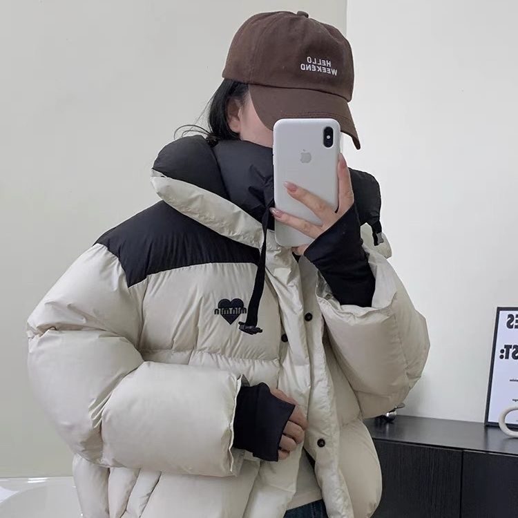 羽绒服女短款2024年新款韩版宽松面包服拼色加厚小个子爱心外套潮