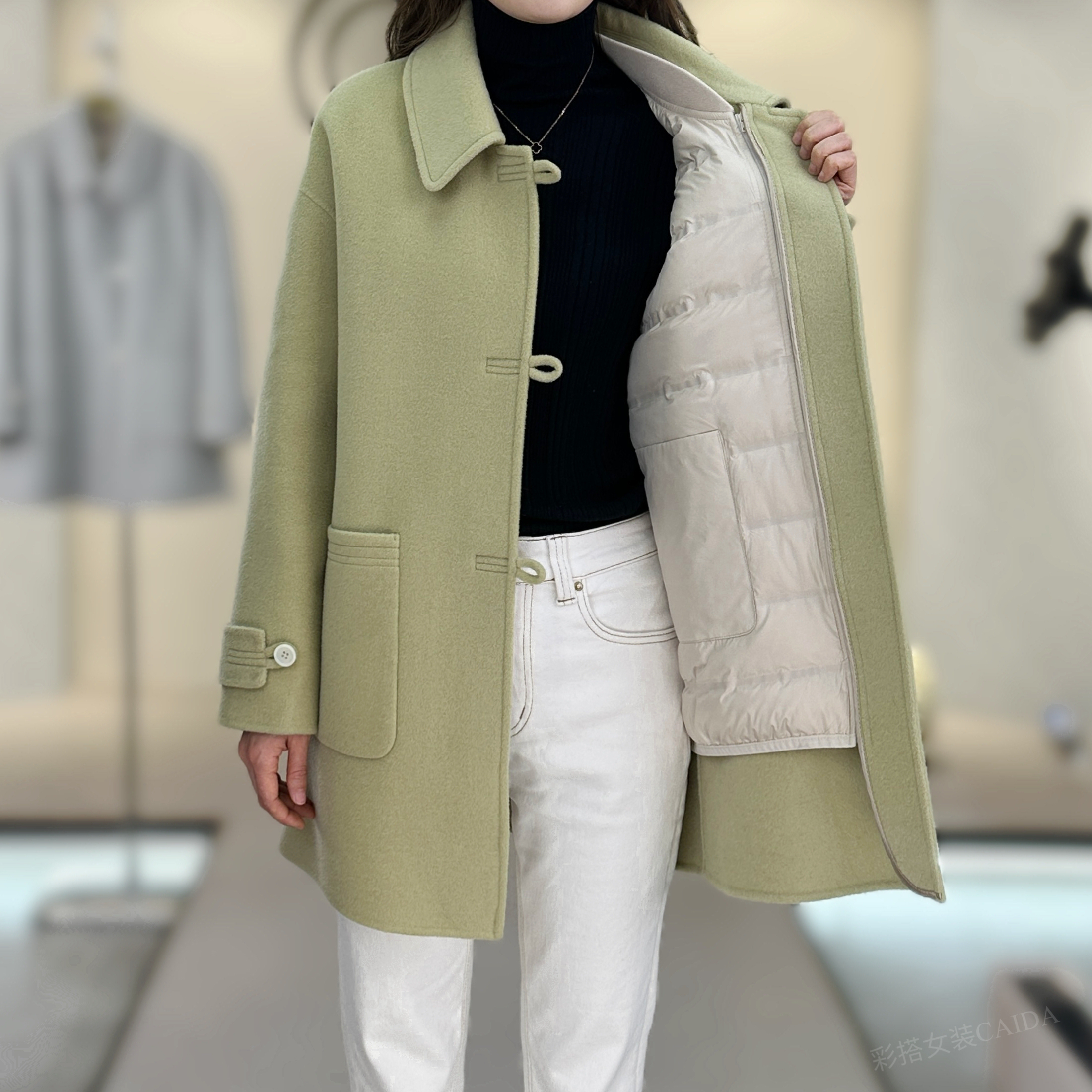 简约风女士可拆卸内胆90白鹅绒秋冬时尚羽绒服羊毛毛呢外套N581