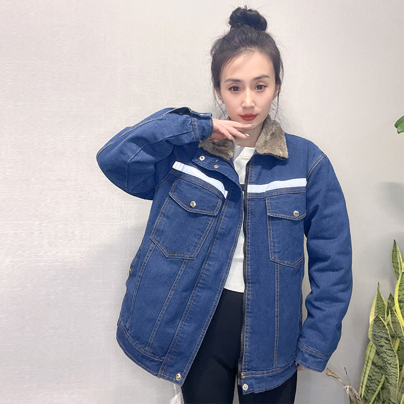 牛仔加绒外套工作服厚款上衣反光条棉服冬季电焊防烫耐磨车间劳保
