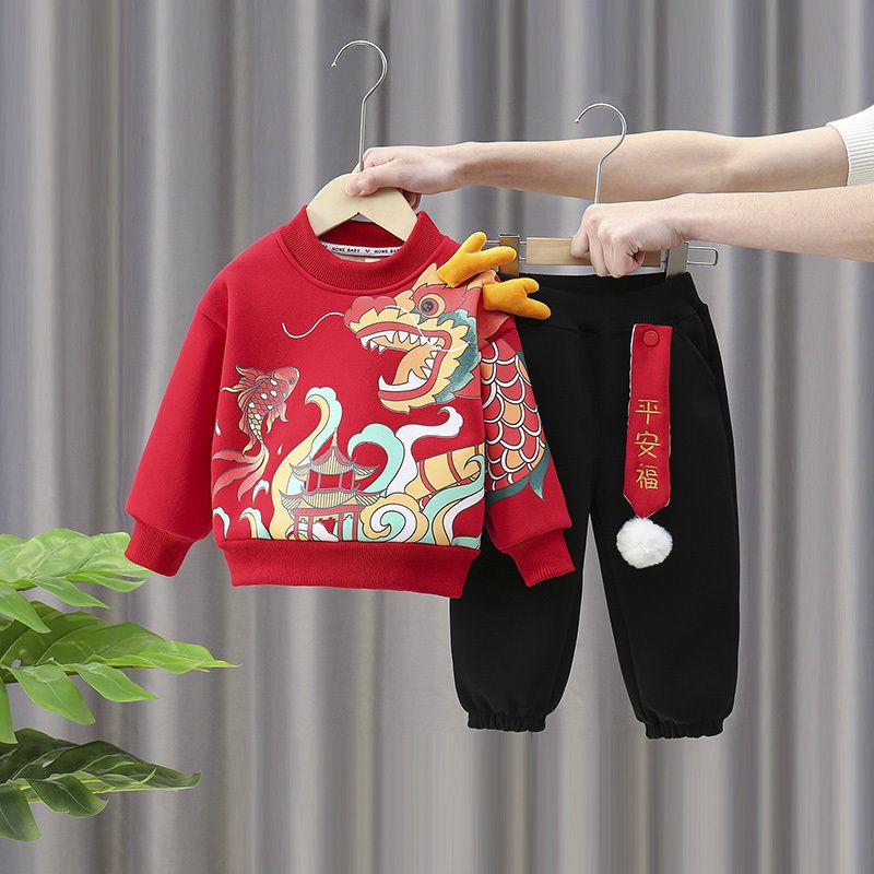 套装卫衣拜年新款男童儿童龙年宝宝过年衣服新年冬季加绒红色D93