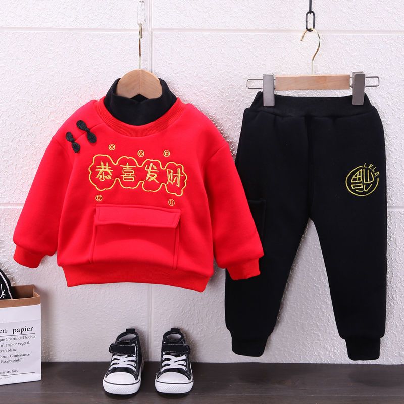 儿童唐装男童套装冬装中国风男女宝宝拜年服新年装加绒加厚两D55