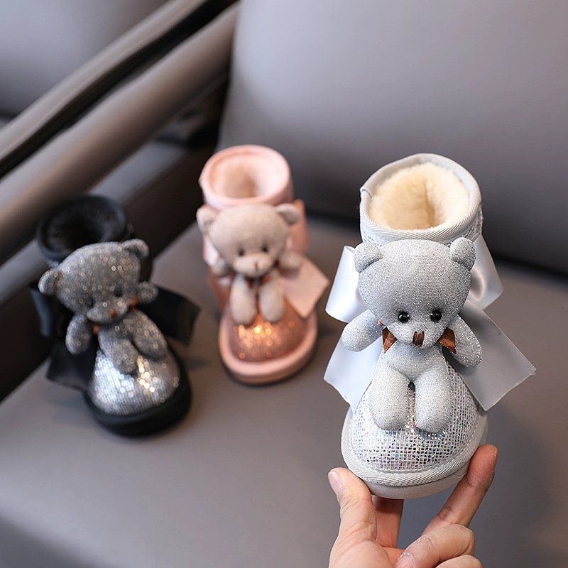 鞋儿童雪地靴可爱小熊卡通2023冬季加绒时尚亮片女童大童10岁