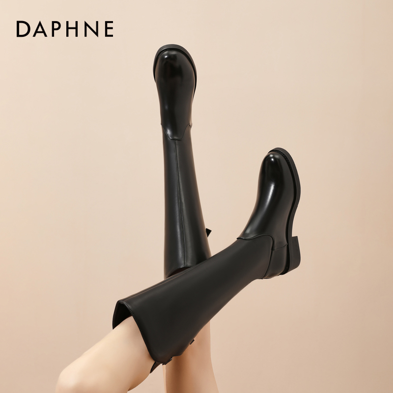 Daphne/达芙妮 英伦风不过膝长筒靴子2024正品冬季高筒靴女骑士靴