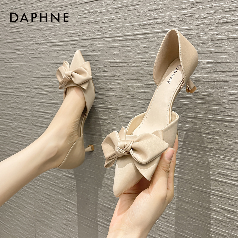 达芙妮法式中空高跟鞋2025春季厚底百搭时尚蝴蝶结浅口尖头单鞋女